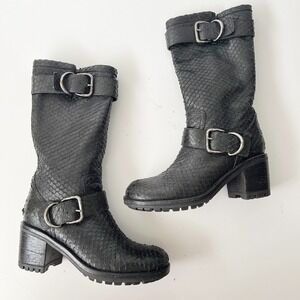 Vintage Y2K Black Snakeskin Leather Mid Calf Tall Chunky‎ Biker Buckle Boots 6